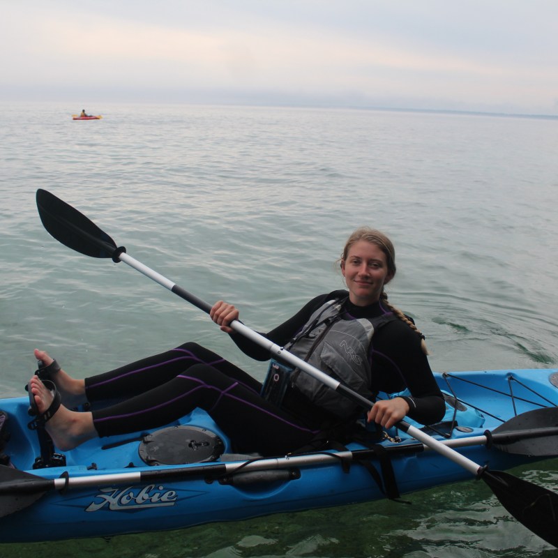 A woman kayaking in Door County, Wisconsin
